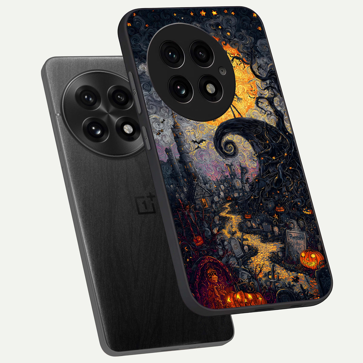  Pumpkin Moon Night phone case For OnePlus 13 showing premium glass back cover with detailed artwork