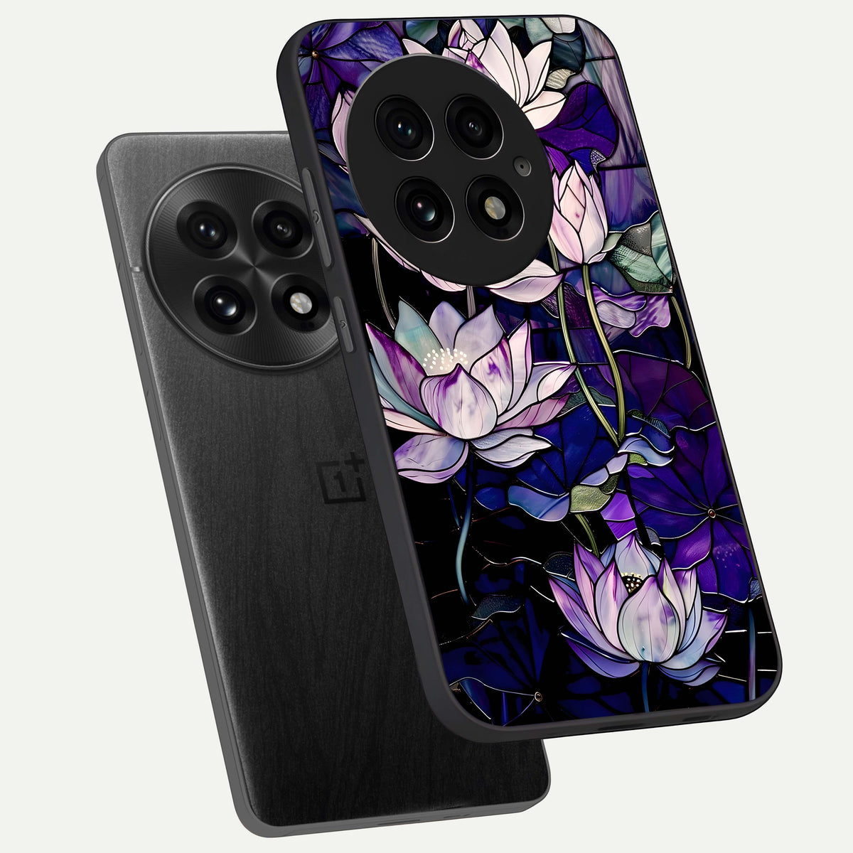  Purple Lotus Pattern phone case For OnePlus 13 showing premium glass back cover with detailed artwork