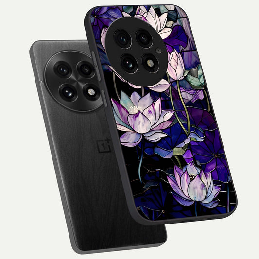  Purple Lotus Pattern phone case For OnePlus 13 showing premium glass back cover with detailed artwork
