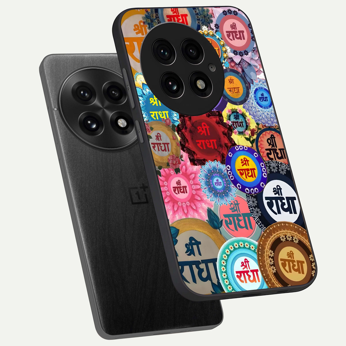  Radha Divine Bloom phone case For OnePlus 13 showing premium glass back cover with detailed artwork
