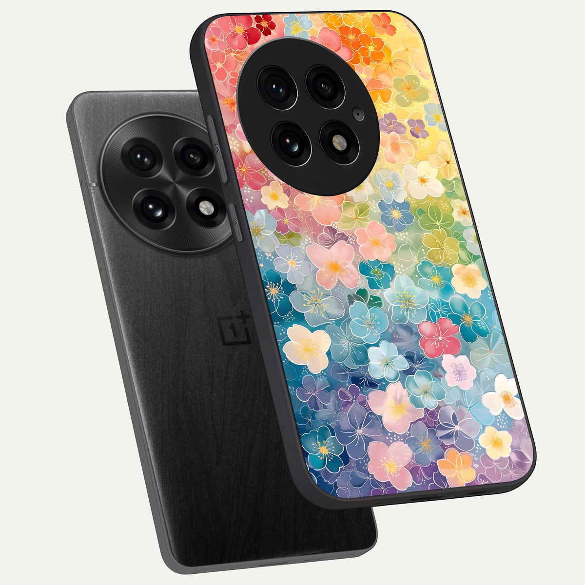  Rainbow Blossom Burst phone case For OnePlus 13 showing premium glass back cover with detailed artwork