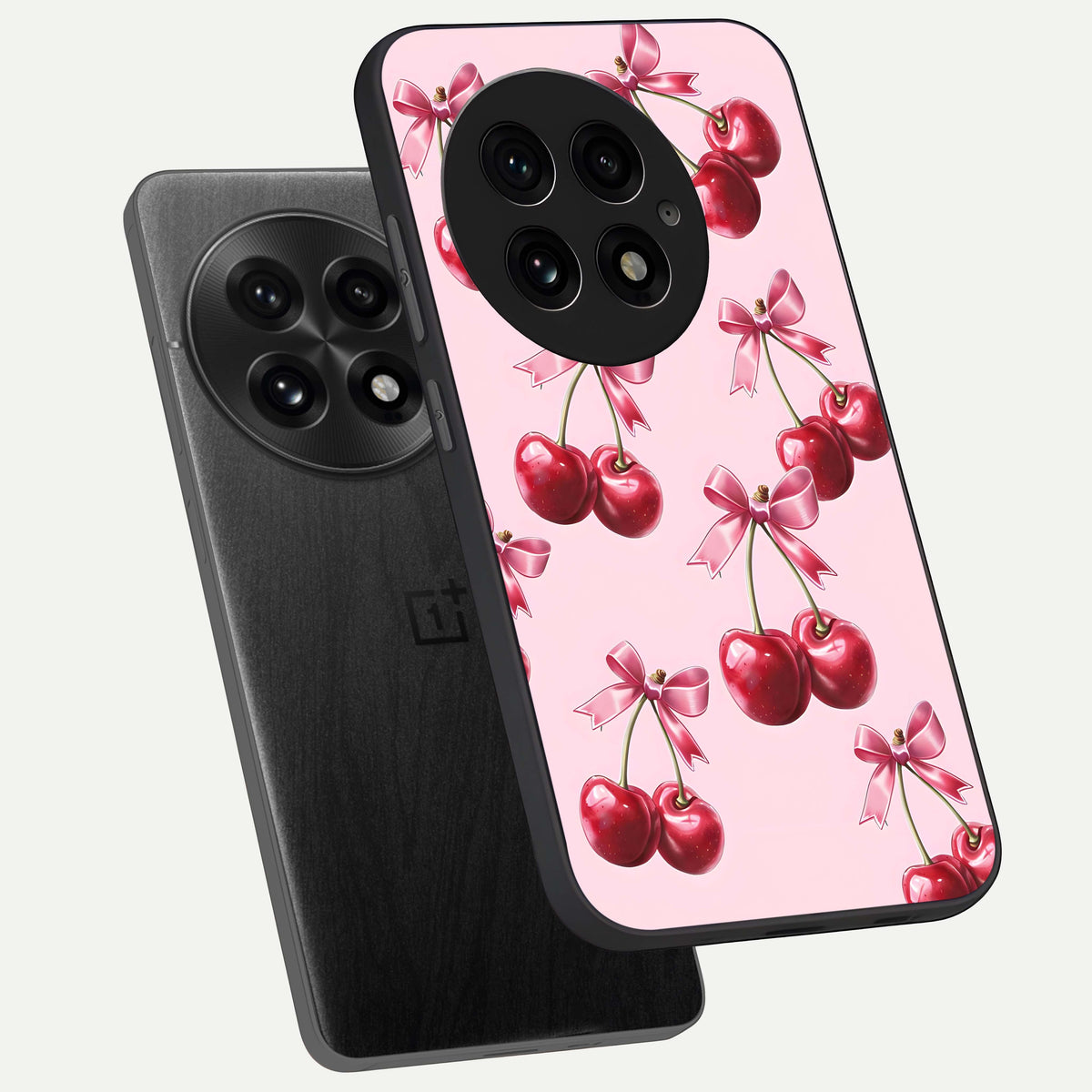  Red Cherries Pattern phone case For OnePlus 13 showing premium glass back cover with detailed artwork