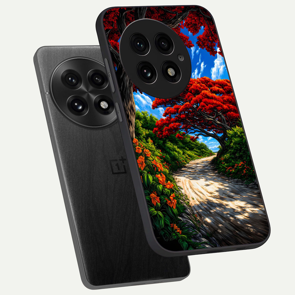  Red Trees Pathway phone case For OnePlus 13 showing premium glass back cover with detailed artwork