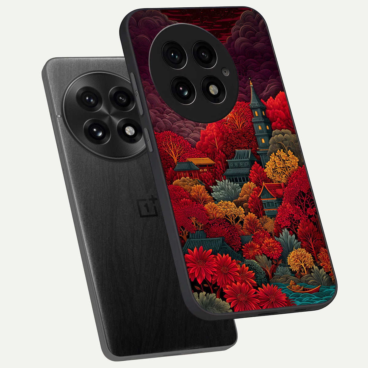 Scarlet Autumn Temple phone case For OnePlus 13 showing premium glass back cover with detailed artwork