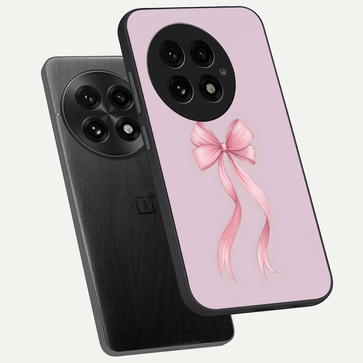  Soft Blush Bow phone case For OnePlus 13 showing premium glass back cover with detailed artwork