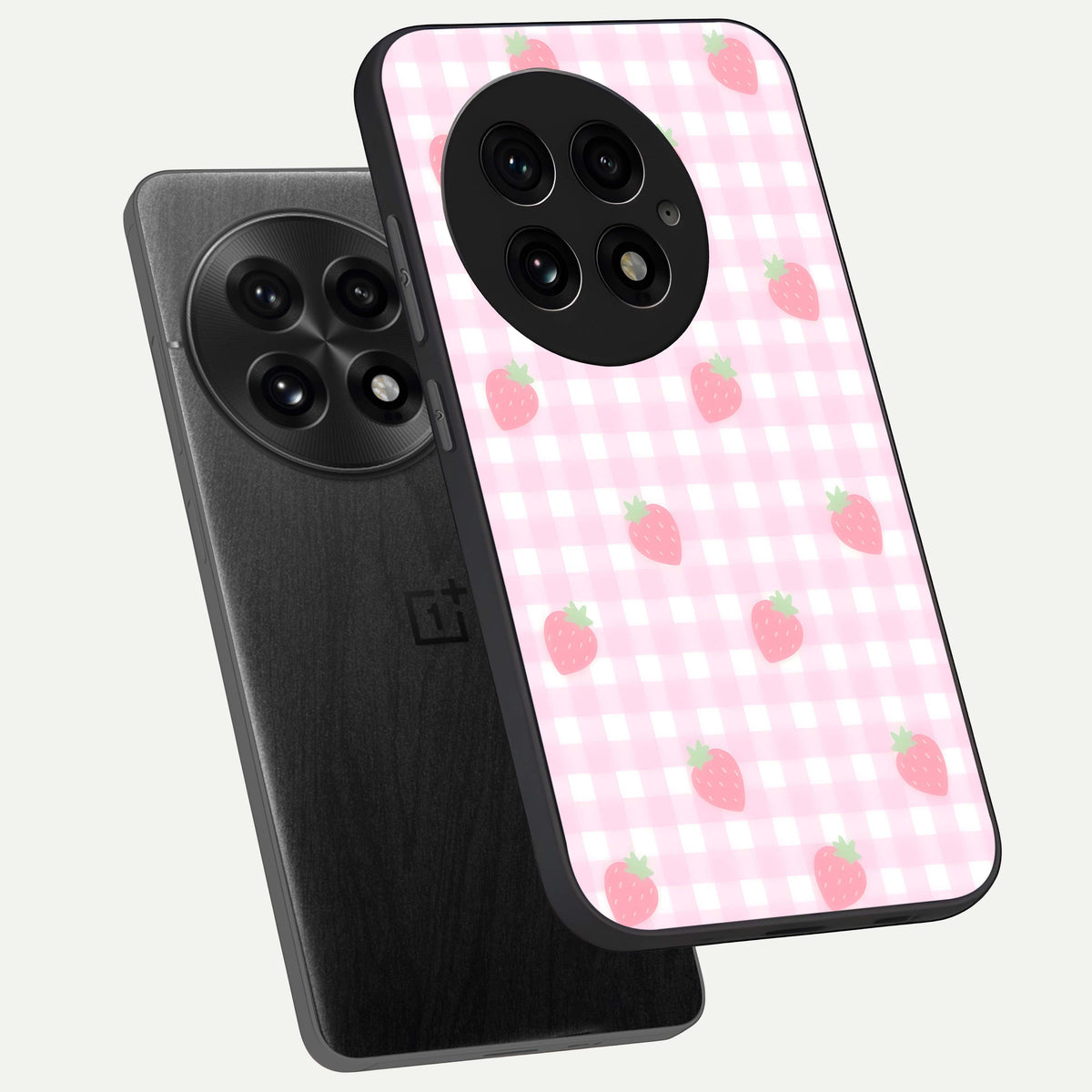  Strawberry Picnic Love phone case For OnePlus 13 showing premium glass back cover with detailed artwork