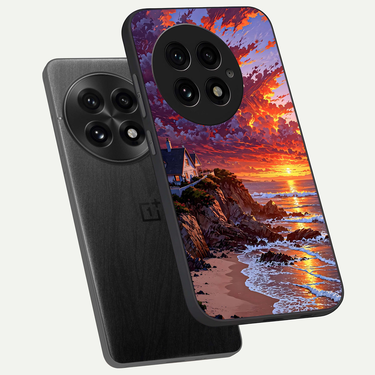  Sunset House By Sea phone case For OnePlus 13 showing premium glass back cover with detailed artwork