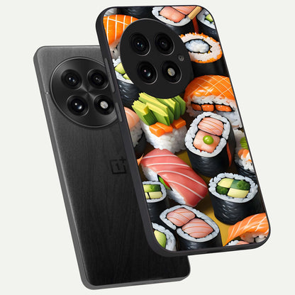  Sushi Food Pattern phone case For OnePlus 13 showing premium glass back cover with detailed artwork