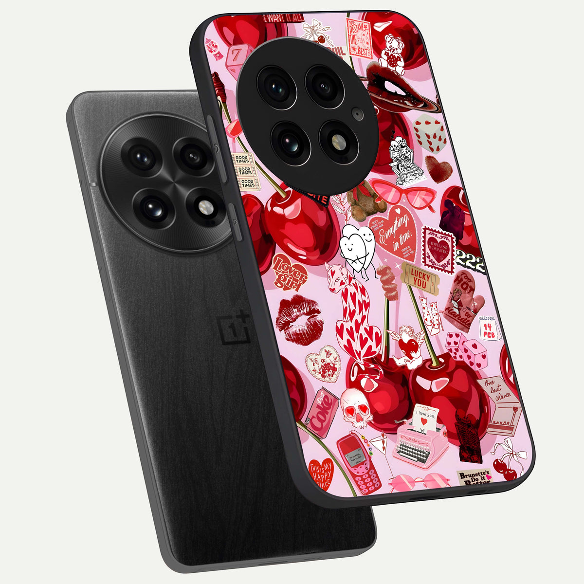  Sweet Cherry Chaos phone case For OnePlus 13 showing premium glass back cover with detailed artwork