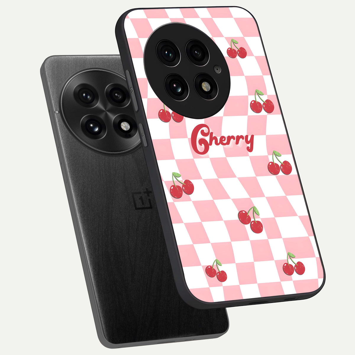  Sweet Cherry Vibes phone case For OnePlus 13 showing premium glass back cover with detailed artwork