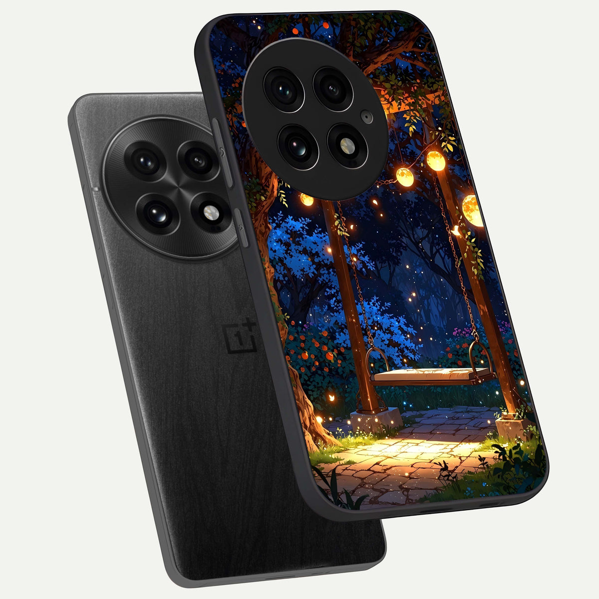  Twilight Garden Swing phone case For OnePlus 13 showing premium glass back cover with detailed artwork