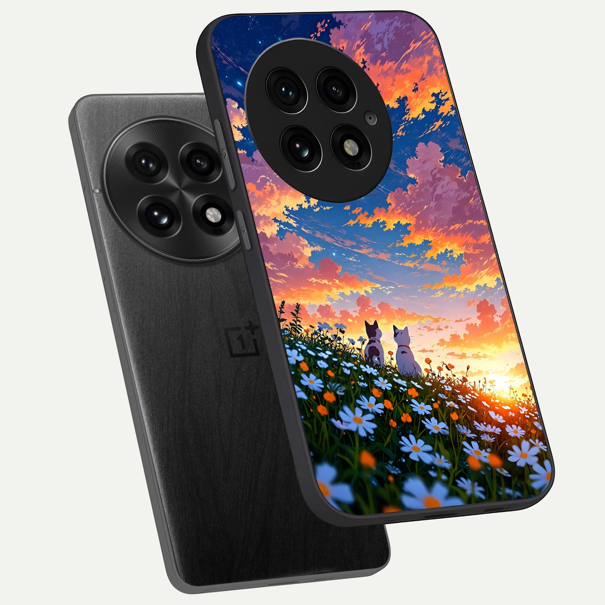 Two Cats Friends phone case For OnePlus 13 showing premium glass back cover with detailed artwork