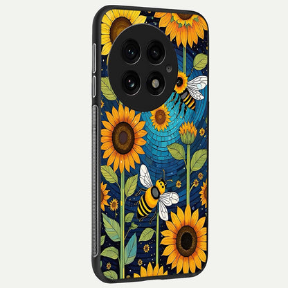  Bees And Sunflowers back cover For OnePlus 13 slim fit glass case with vibrant aesthetic design