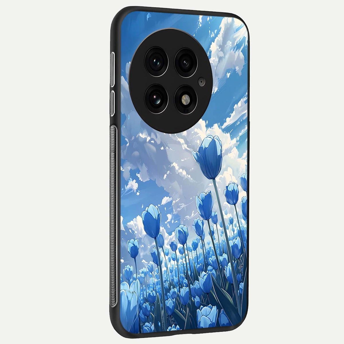  Blue Tulip Clouds back cover For OnePlus 13 slim fit glass case with vibrant aesthetic design
