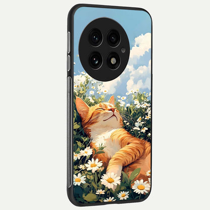  Cat And Flowers View back cover For OnePlus 13 slim fit glass case with vibrant aesthetic design