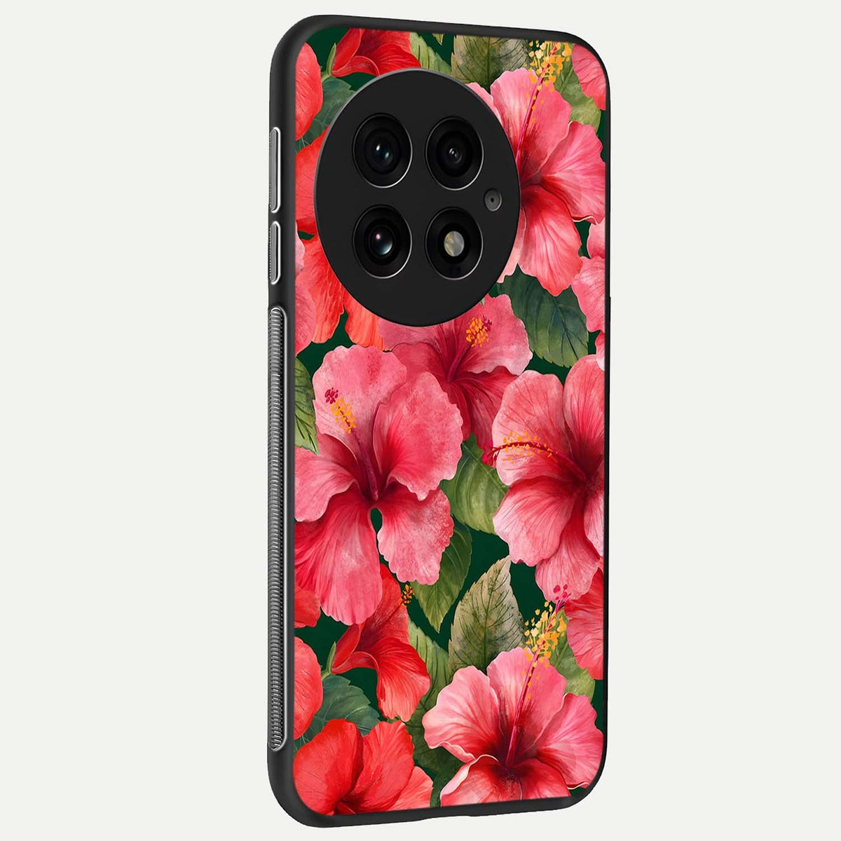  Hibiscus Pattern back cover For OnePlus 13 slim fit glass case with vibrant aesthetic design