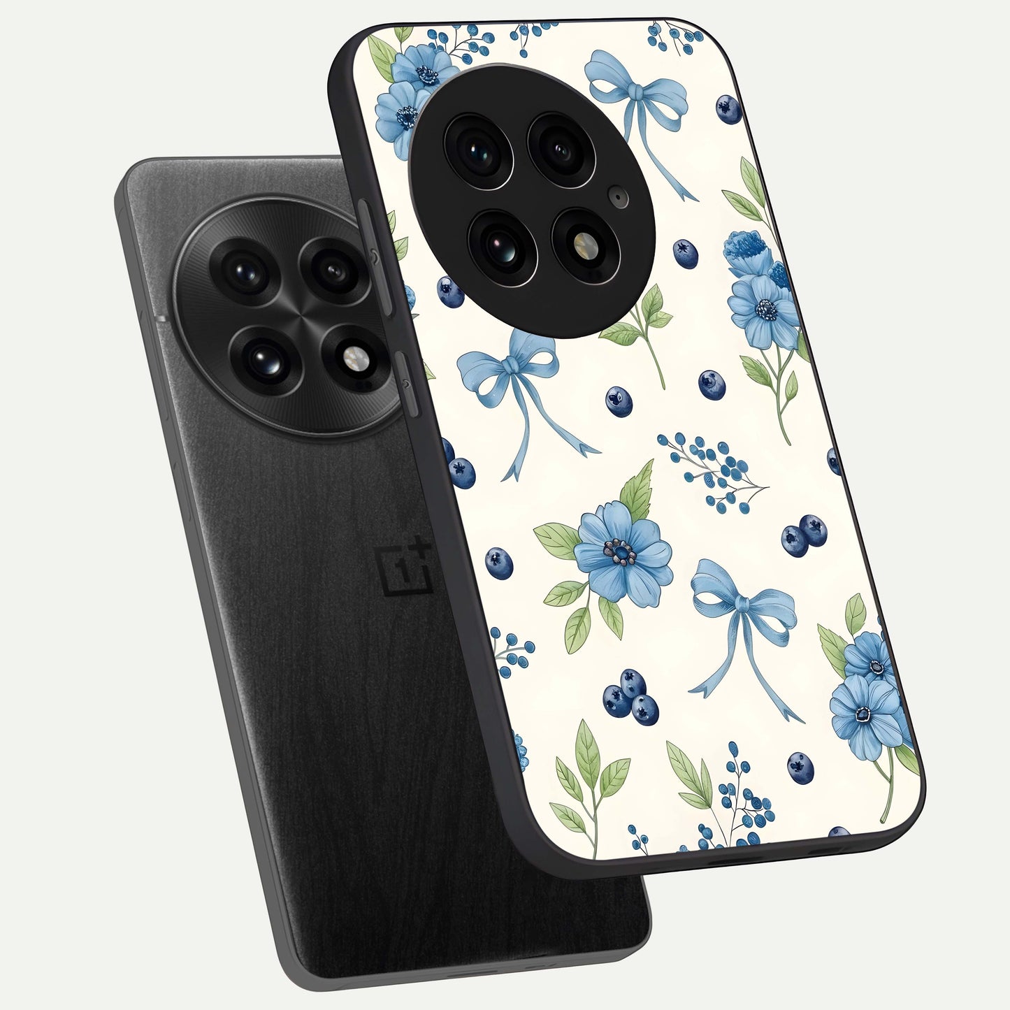 Blue Flower & Bow Glass Case displayed upright for cute floral visibility and premium finish.