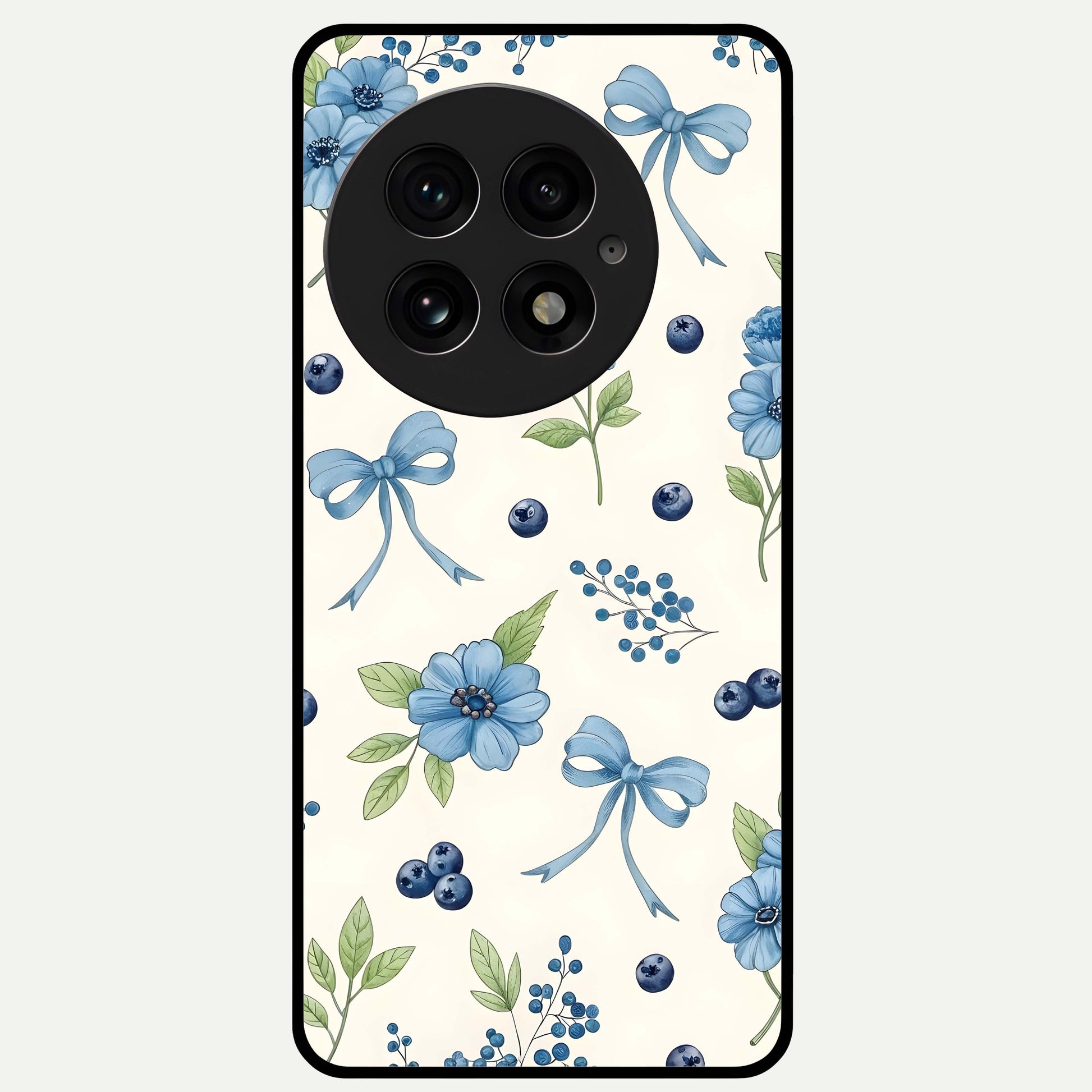 Blue Flower & Bow Glass Case captured at a warm angle highlighting soft accents, gloss, and edge clarity.