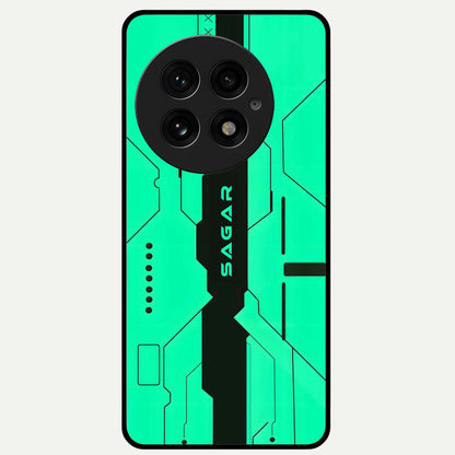  Aqua Tech CYBERPUNK Custom Name Glass Case For OnePlus 13 back cover – full design glossy printed glass finish