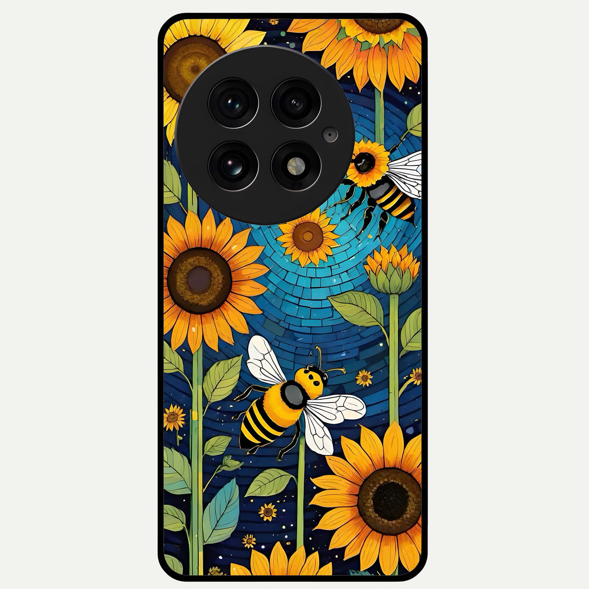  Bees And Sunflowers Glass Case For OnePlus 13 back cover – full design glossy printed glass finish