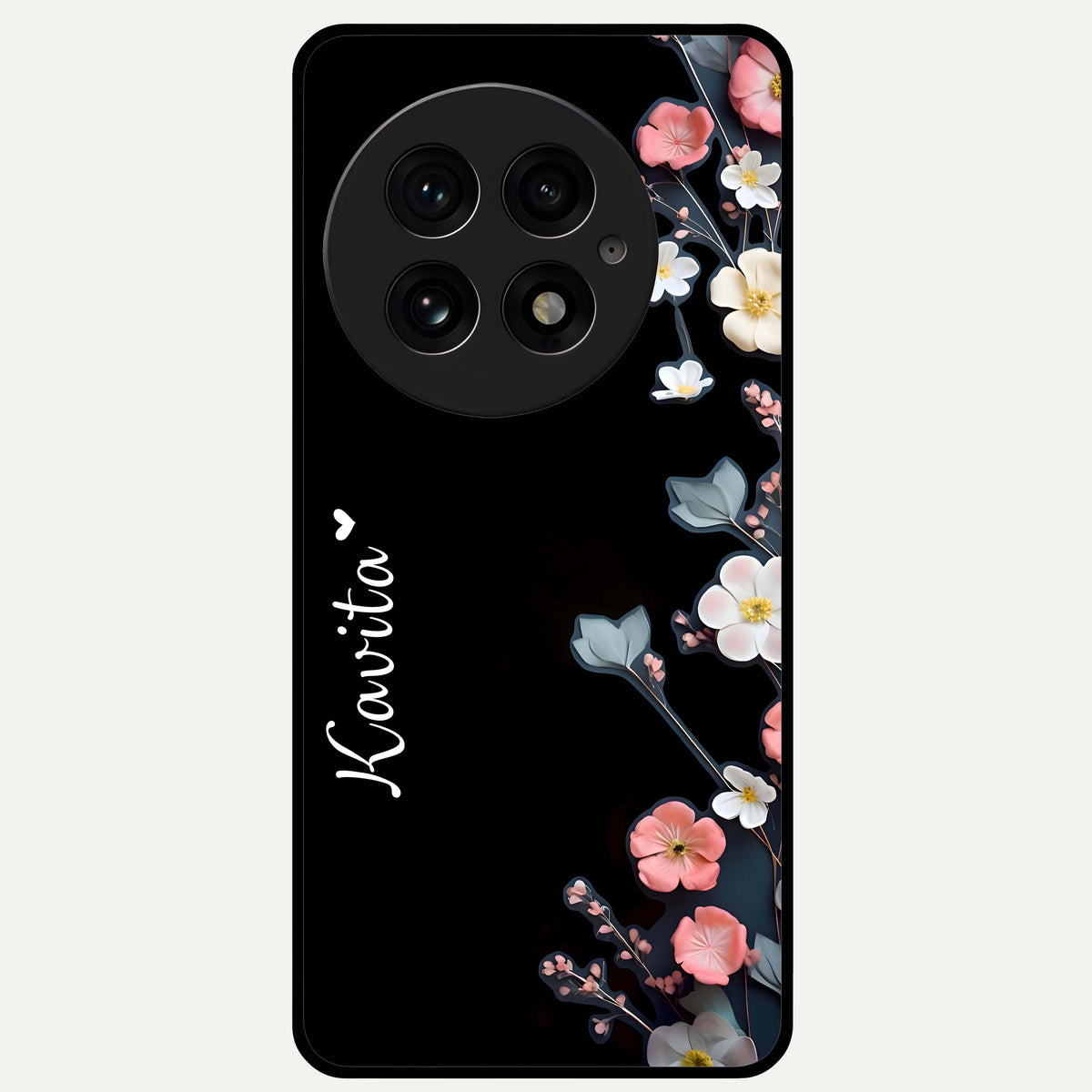  Black Elegance Floral Custom Name Glass Case For OnePlus 13 back cover – full design glossy printed glass finish