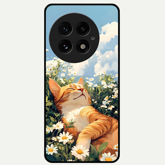  Cat And Flowers View Glass Case For OnePlus 13 back cover – full design glossy printed glass finish