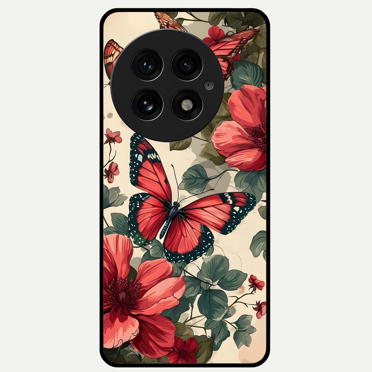  Crimson Butterfly Garden Glass Case For OnePlus 13 back cover – full design glossy printed glass finish