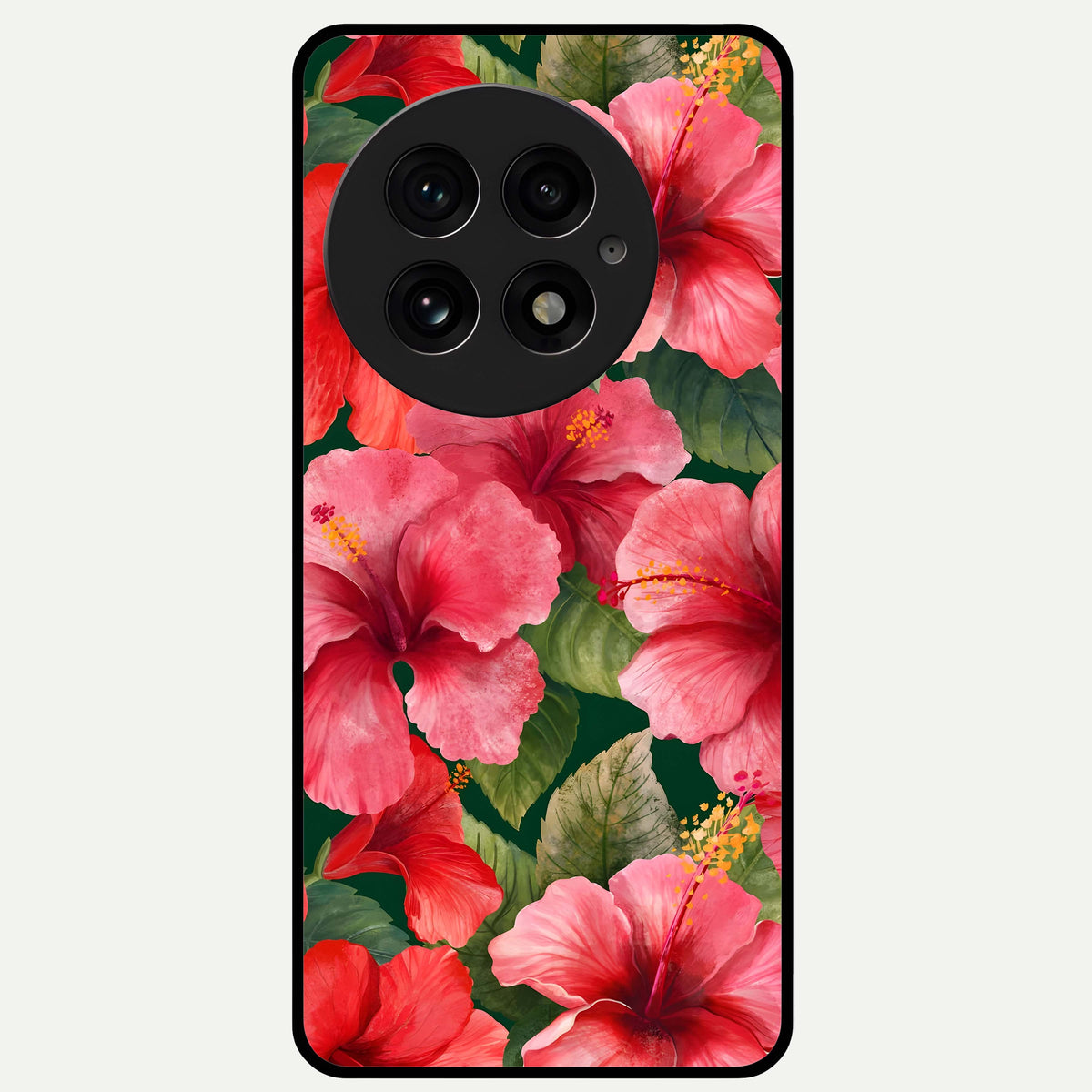  Hibiscus Pattern Glass Case For OnePlus 13 back cover – full design glossy printed glass finish