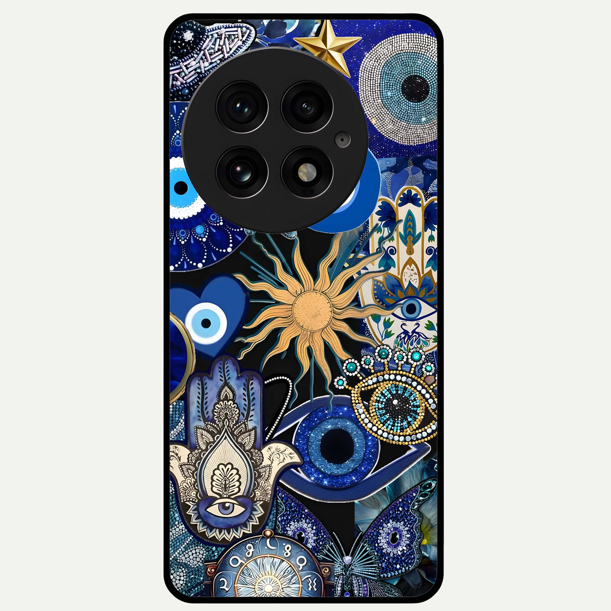  Mystic Blue Evil Eye Glass Case For OnePlus 13 back cover – full design glossy printed glass finish