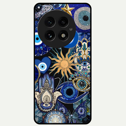  Mystic Blue Evil Eye Glass Case For OnePlus 13 back cover – full design glossy printed glass finish