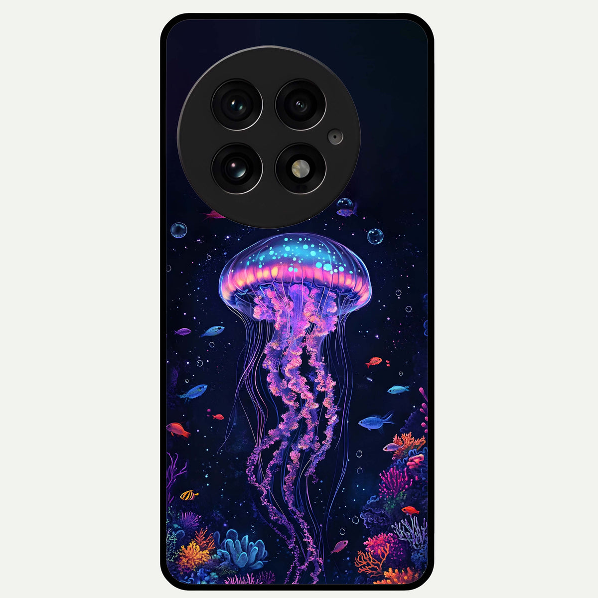  Neon Jellyfish Glass Case For OnePlus 13 back cover – full design glossy printed glass finish