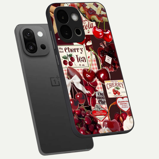  Aesthetic Cherry Tea phone case For OnePlus 13S showing premium glass back cover with detailed artwork