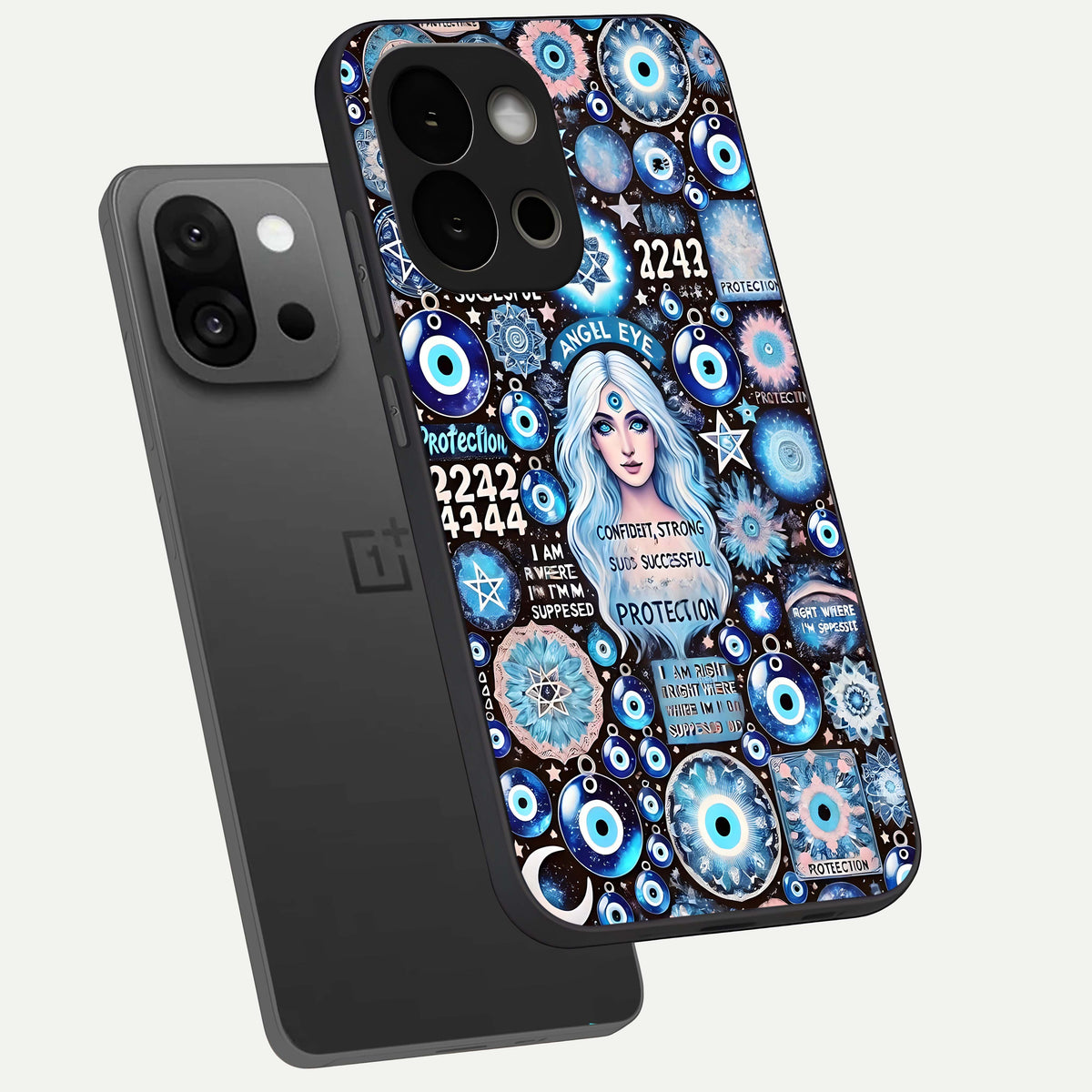  Angel Aura Shield phone case For OnePlus 13S showing premium glass back cover with detailed artwork