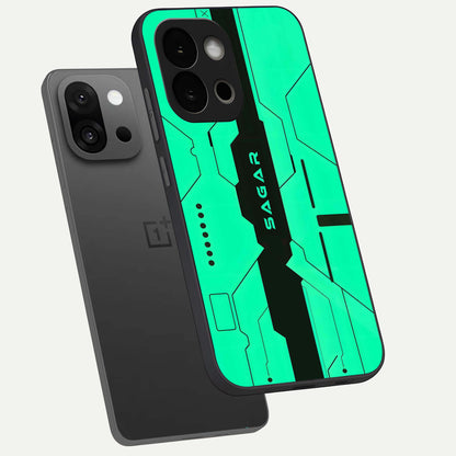  Aqua Tech CYBERPUNK Custom Name phone case For OnePlus 13S showing premium glass back cover with detailed artwork