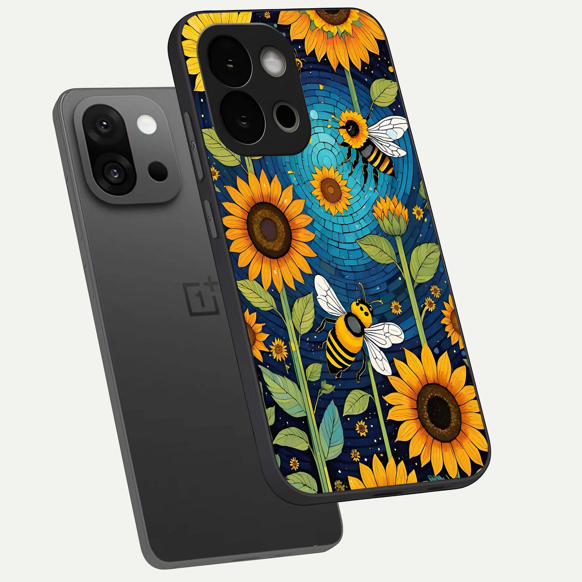  Bees And Sunflowers phone case For OnePlus 13S showing premium glass back cover with detailed artwork