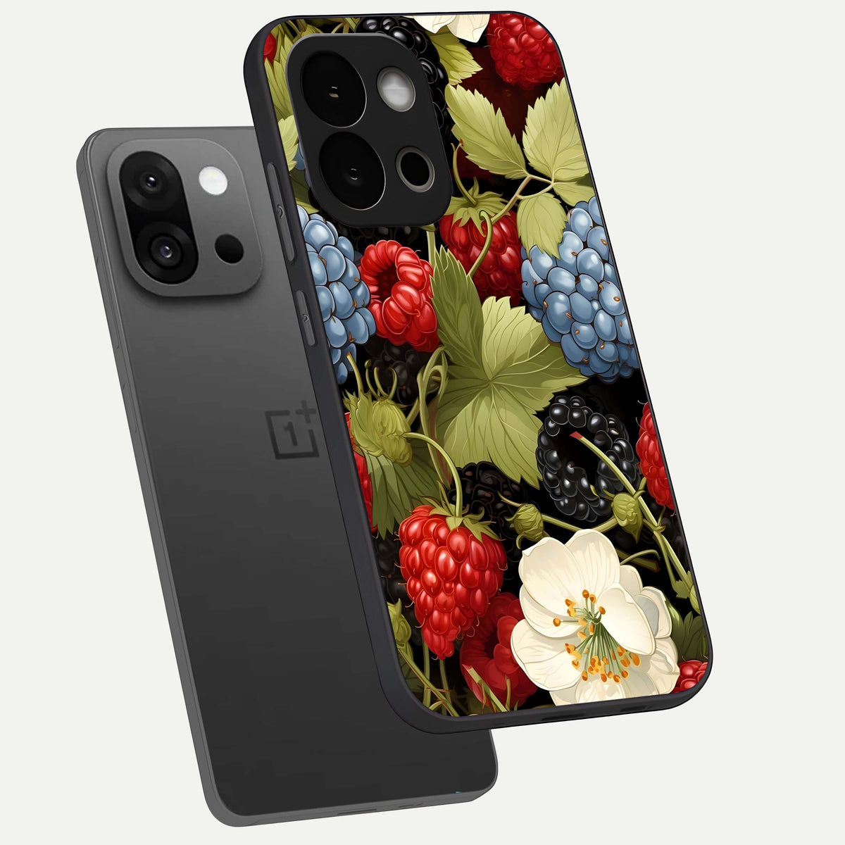  Berry Bloom Charm phone case For OnePlus 13S showing premium glass back cover with detailed artwork