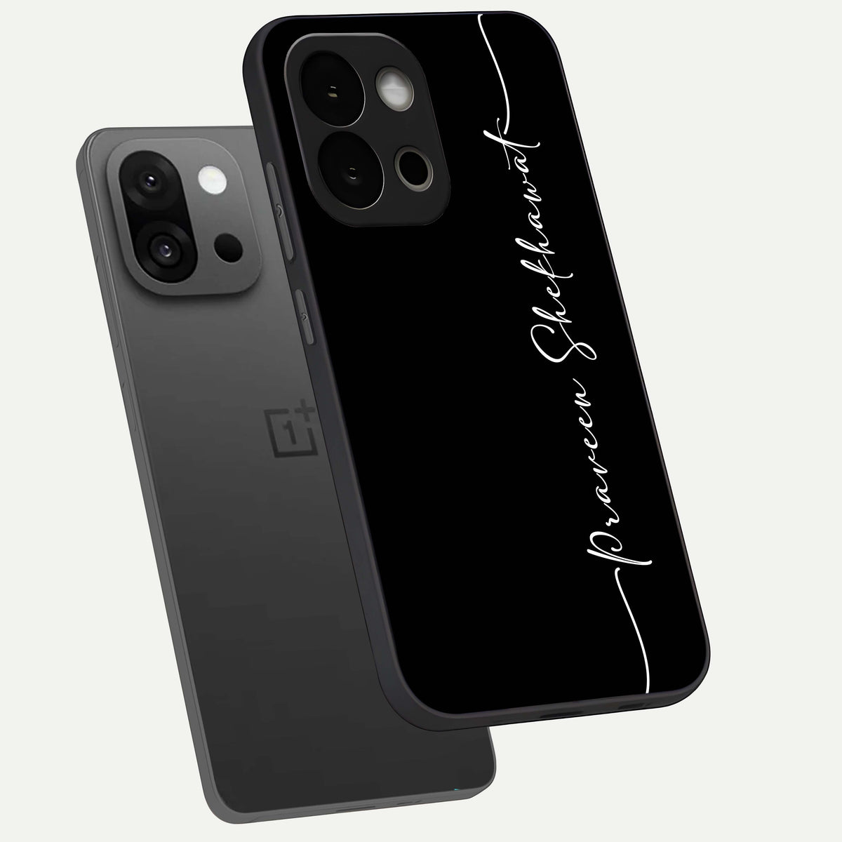  Black Tune Custom Name phone case For OnePlus 13S showing premium glass back cover with detailed artwork