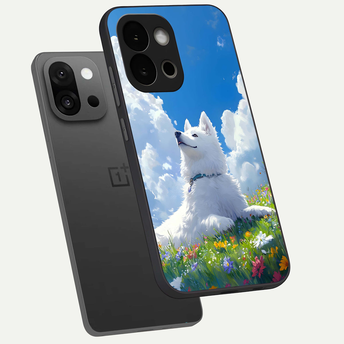  Blissful Cloud Pup phone case For OnePlus 13S showing premium glass back cover with detailed artwork