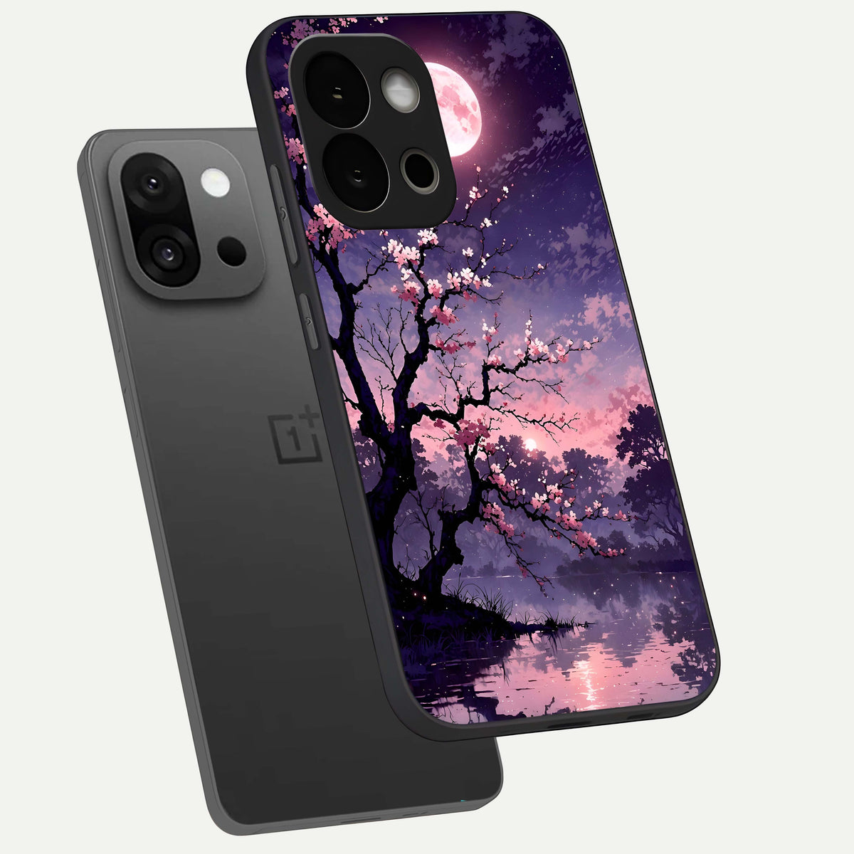  Blossom Pink Moon phone case For OnePlus 13S showing premium glass back cover with detailed artwork