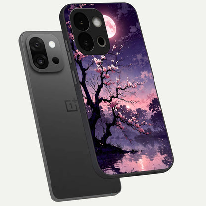  Blossom Pink Moon phone case For OnePlus 13S showing premium glass back cover with detailed artwork