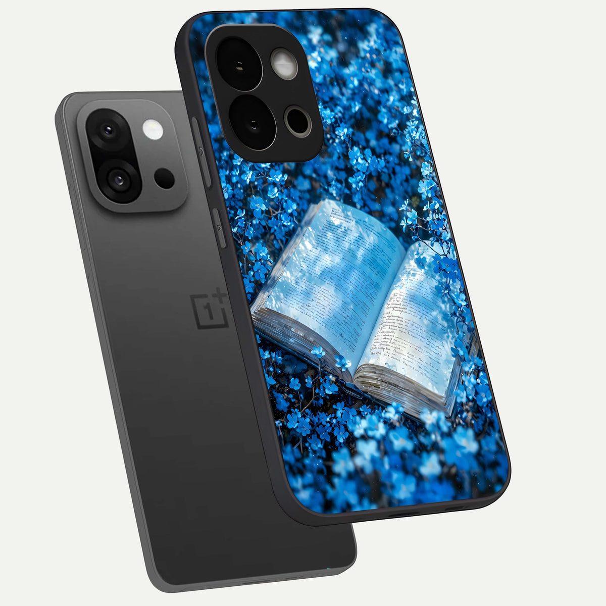  Blue Bloom Tales phone case For OnePlus 13S showing premium glass back cover with detailed artwork
