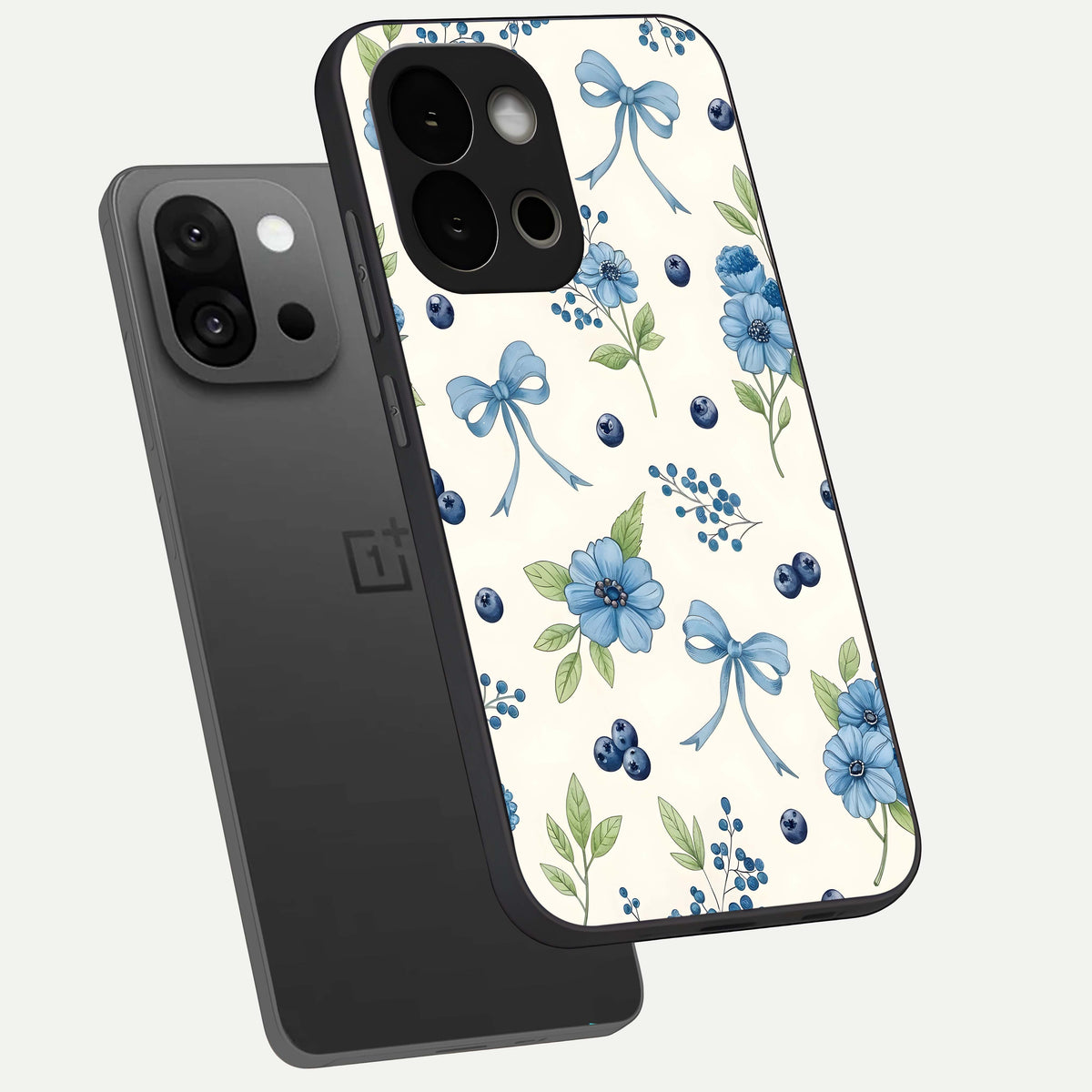  Blue Flower And Bow phone case For OnePlus 13S showing premium glass back cover with detailed artwork