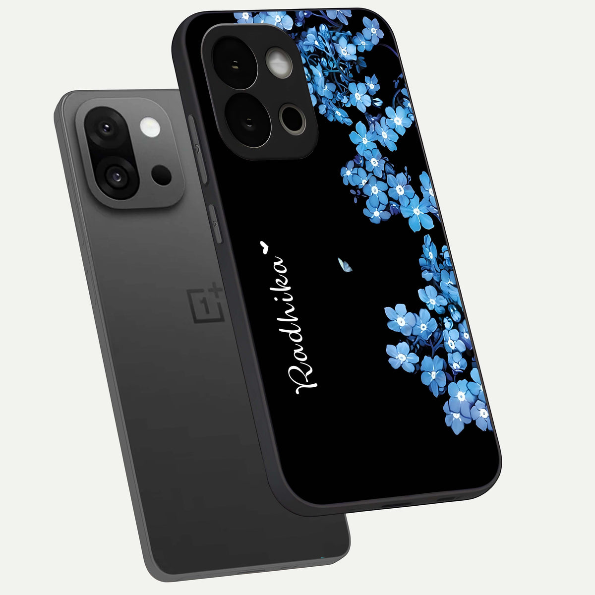  Blue Petal Dream Custom Name phone case For OnePlus 13S showing premium glass back cover with detailed artwork