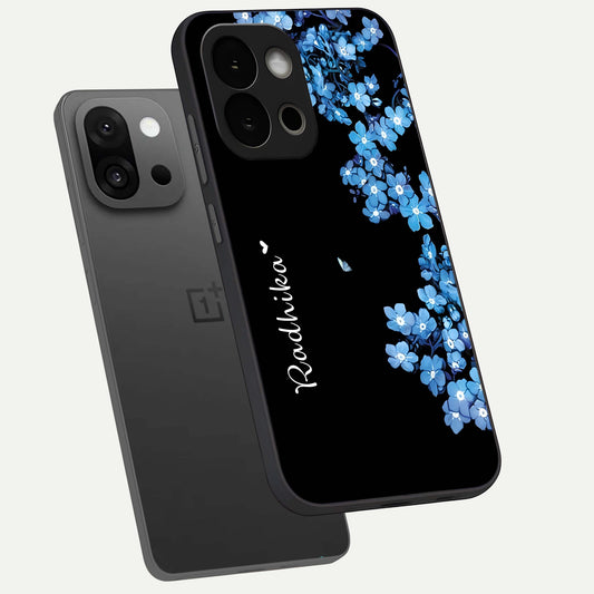  Blue Petal Dream Custom Name phone case For OnePlus 13S showing premium glass back cover with detailed artwork