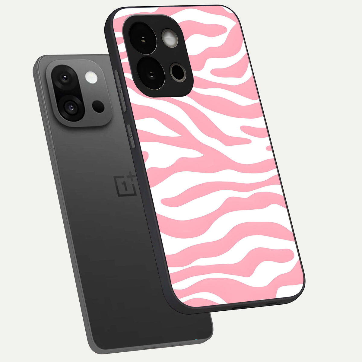  Blush Zebra Flow phone case For OnePlus 13S showing premium glass back cover with detailed artwork