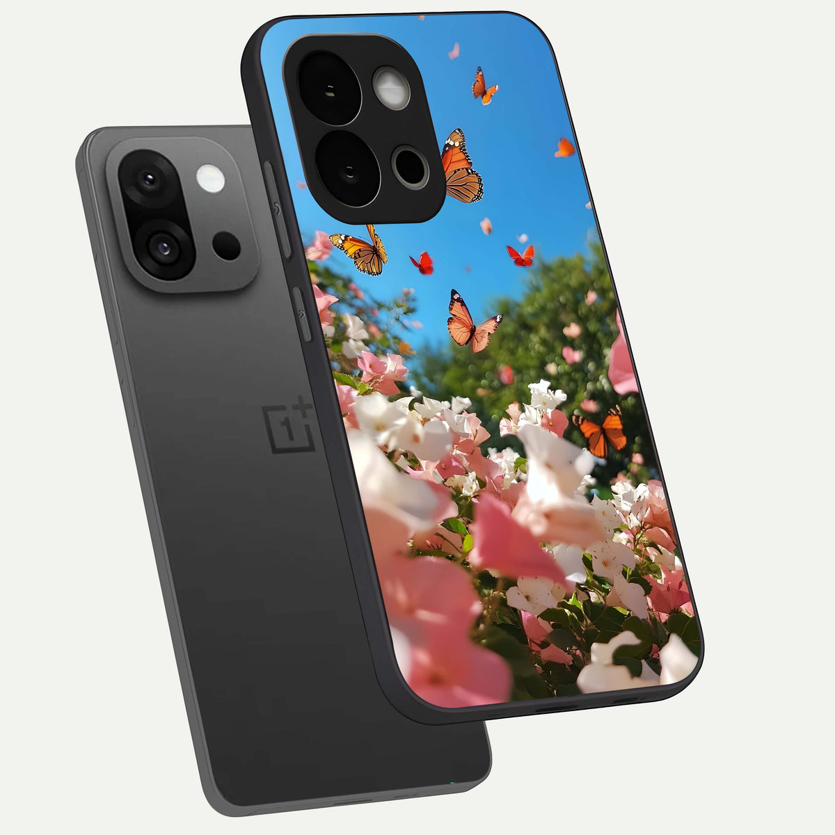  Butterflies In Bloom Sky phone case For OnePlus 13S showing premium glass back cover with detailed artwork