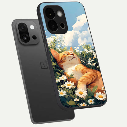  Cat And Flowers View phone case For OnePlus 13S showing premium glass back cover with detailed artwork