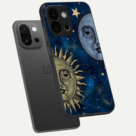  Celestial Moon With Sun phone case For OnePlus 13S showing premium glass back cover with detailed artwork
