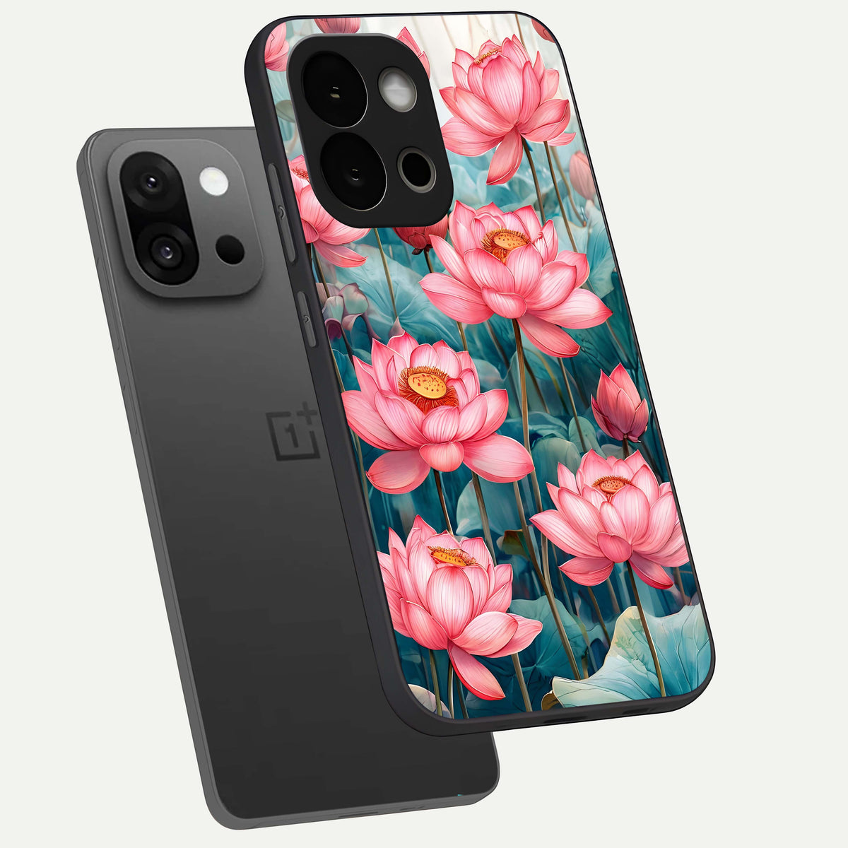  Celestial Pink Lotus phone case For OnePlus 13S showing premium glass back cover with detailed artwork