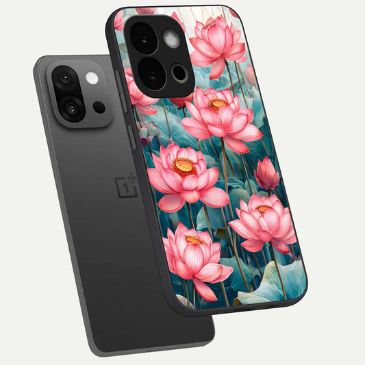  Celestial Pink Lotus phone case For OnePlus 13S showing premium glass back cover with detailed artwork